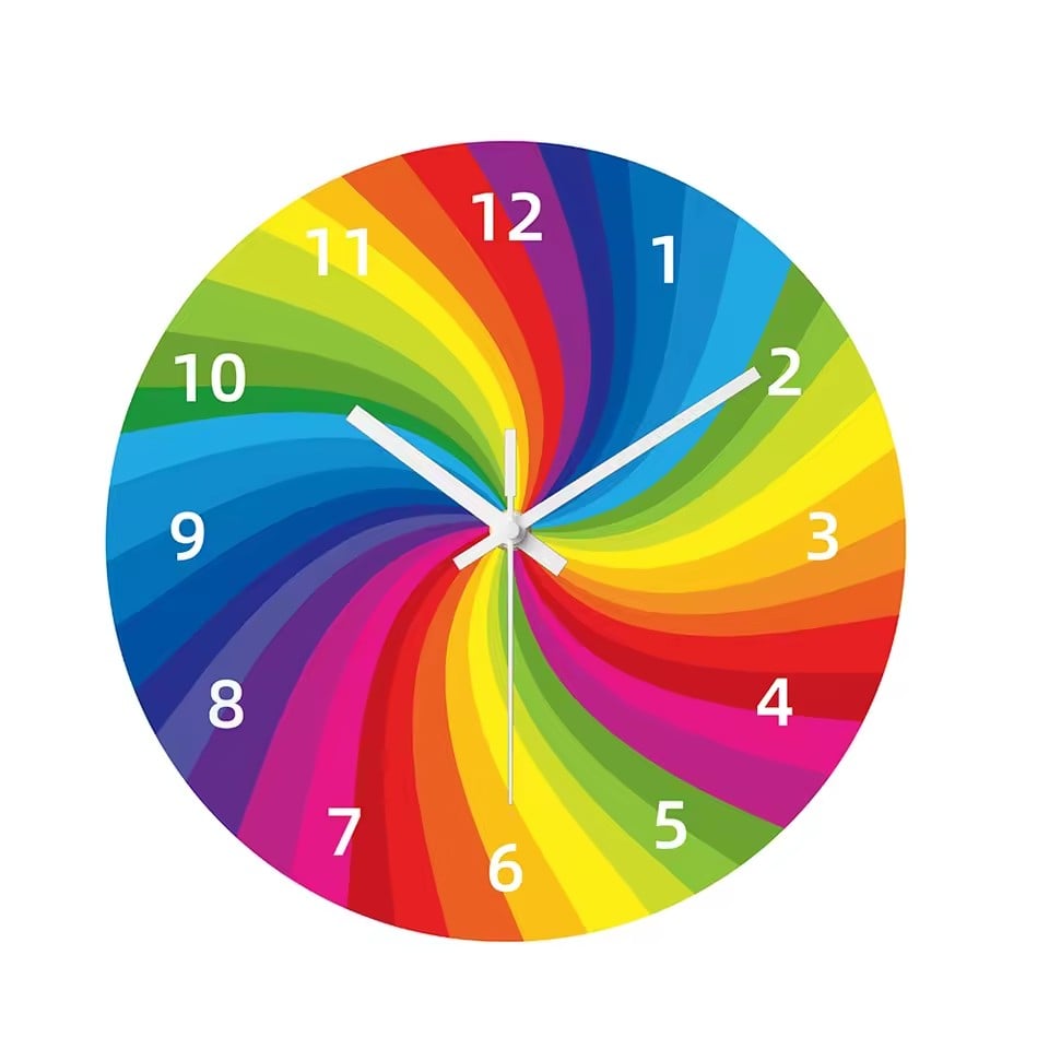 3548 - Vibrant rainbow spiral wall clock with dynamic multi-color swirl pattern - eye-catching statement piece | Boto Clock wholesale manufacturer