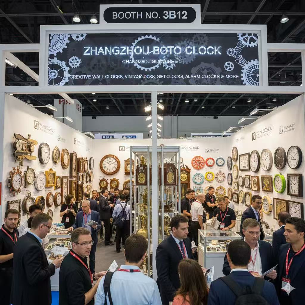 Boto Clock wholesale exhibition booth at Miami International Jewelry and Watch Show displaying extensive wall clock collection, alarm clocks, and decorative timepieces to international buyers and distributors