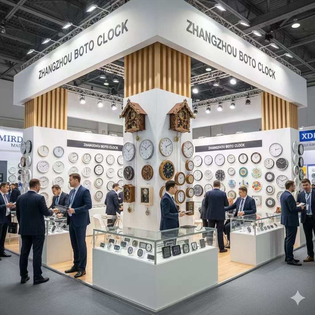 Professional Boto Clock manufacturer booth at INHORGENTA MUNICH trade fair showcasing premium wall clocks, metal clocks, wooden clocks and wholesale clock products for European market