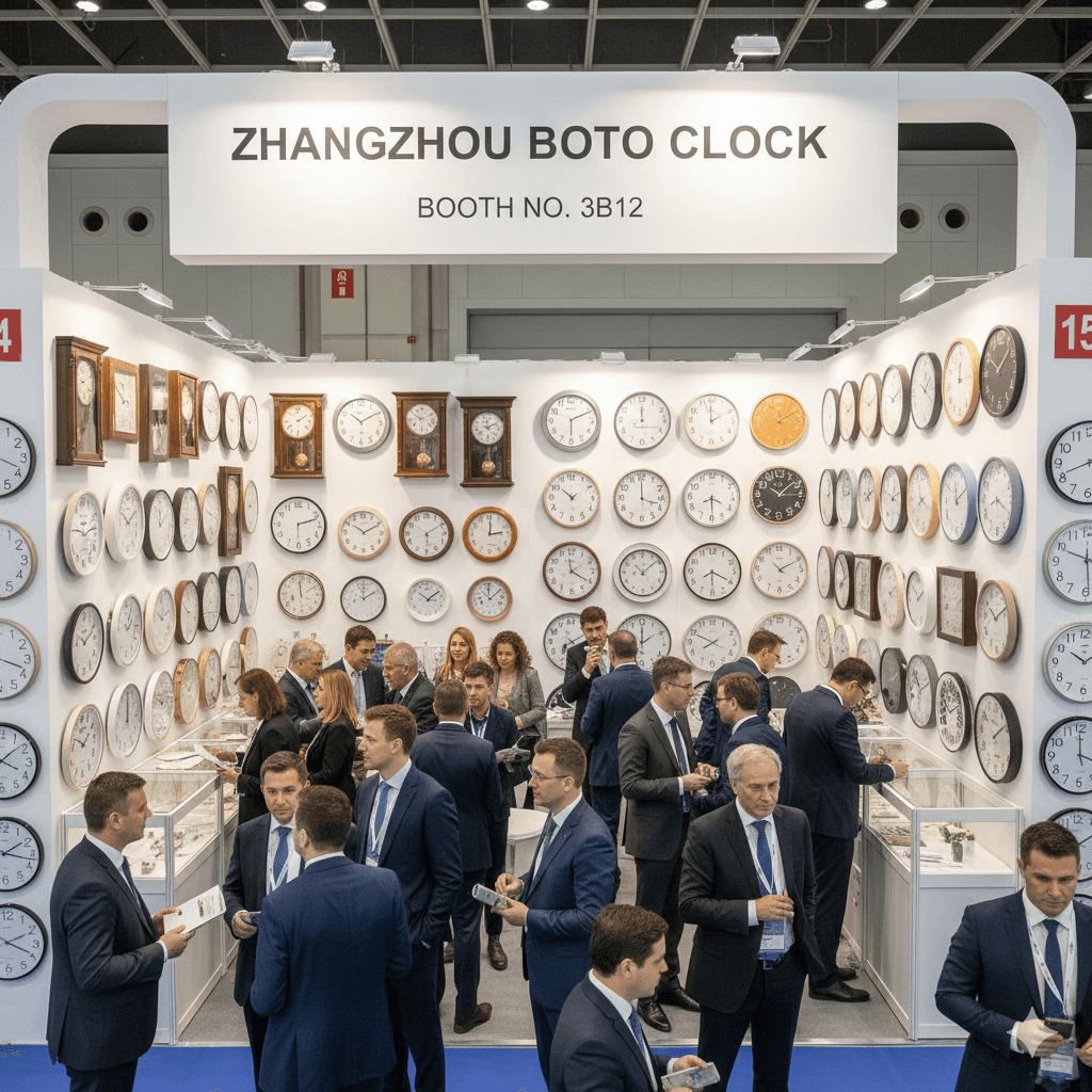 Zhangzhou Boto Clock exhibition booth at Hong Kong International trade show displaying comprehensive wall clock collection, kids clocks, alarm clocks to international wholesale buyers and importers