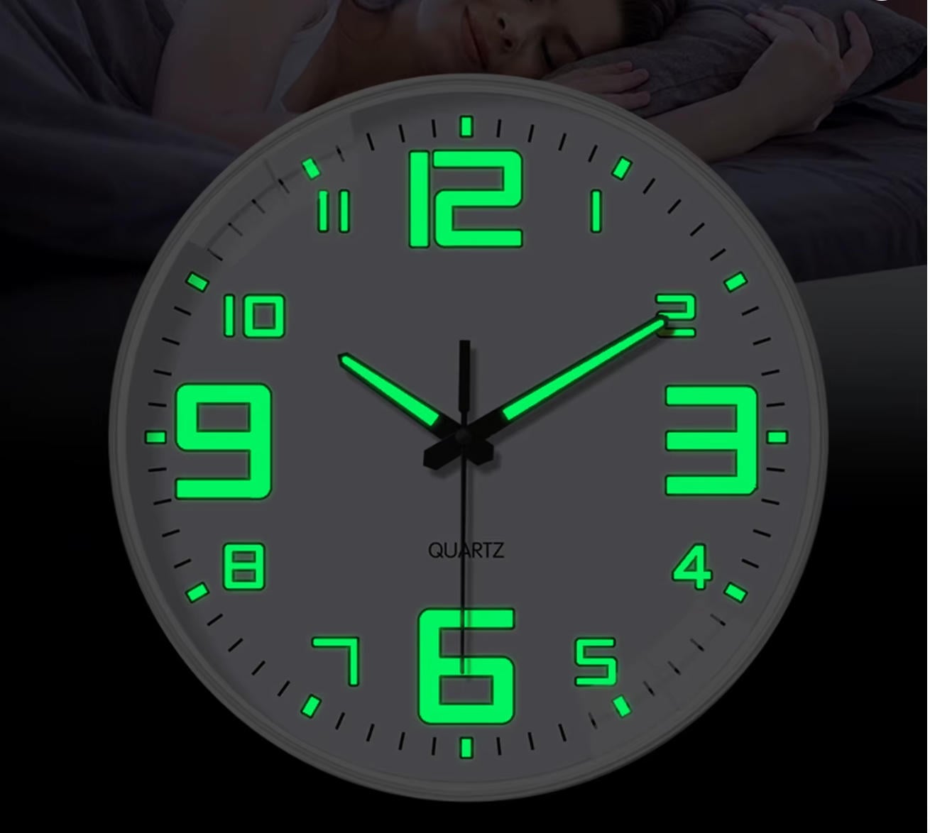 LUM-3280 - Modern quartz luminous wall clock with bright green glow numbers - silent non-ticking ideal for bedroom | Boto Clock wholesale manufacturer