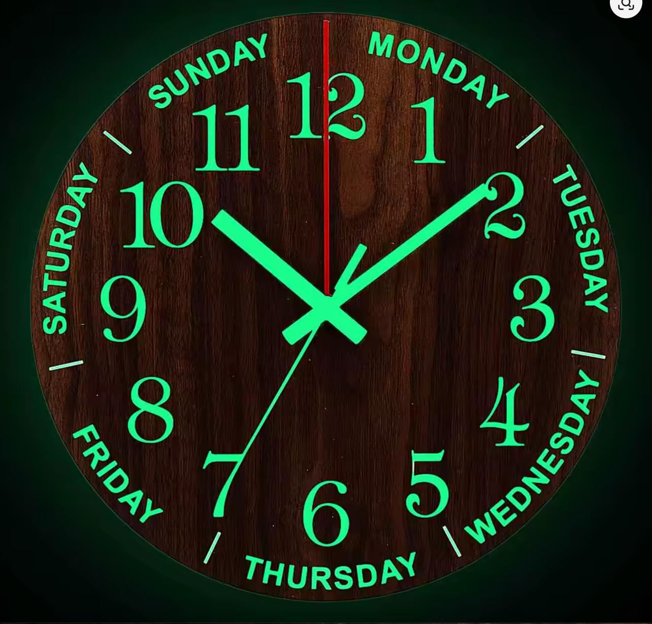 LUM-3350 - Wooden wall clock with green luminous numbers, hands and weekday display - glow in the dark for easy night reading | Boto Clock wholesale manufacturer