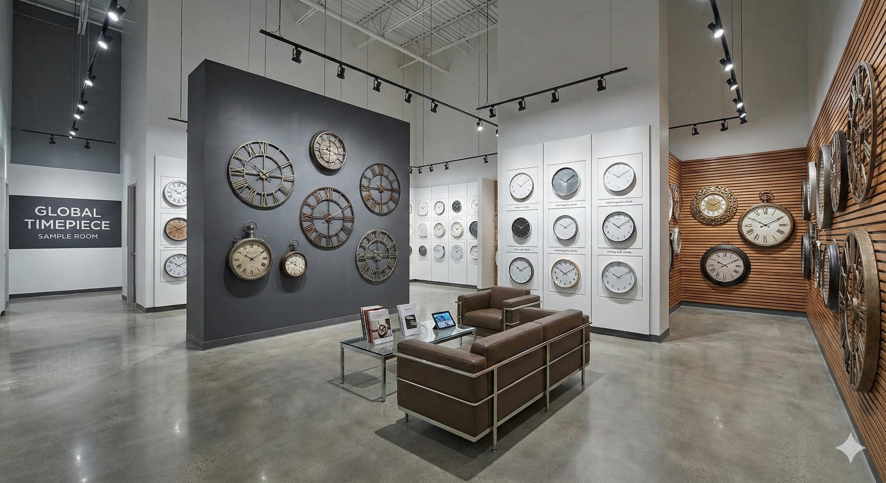 Boto Clock professional showroom displaying diverse wall clock collection including modern wall clocks, alarm clocks, kids clocks, metal clocks, wooden clocks - wholesale clock samples and product catalog