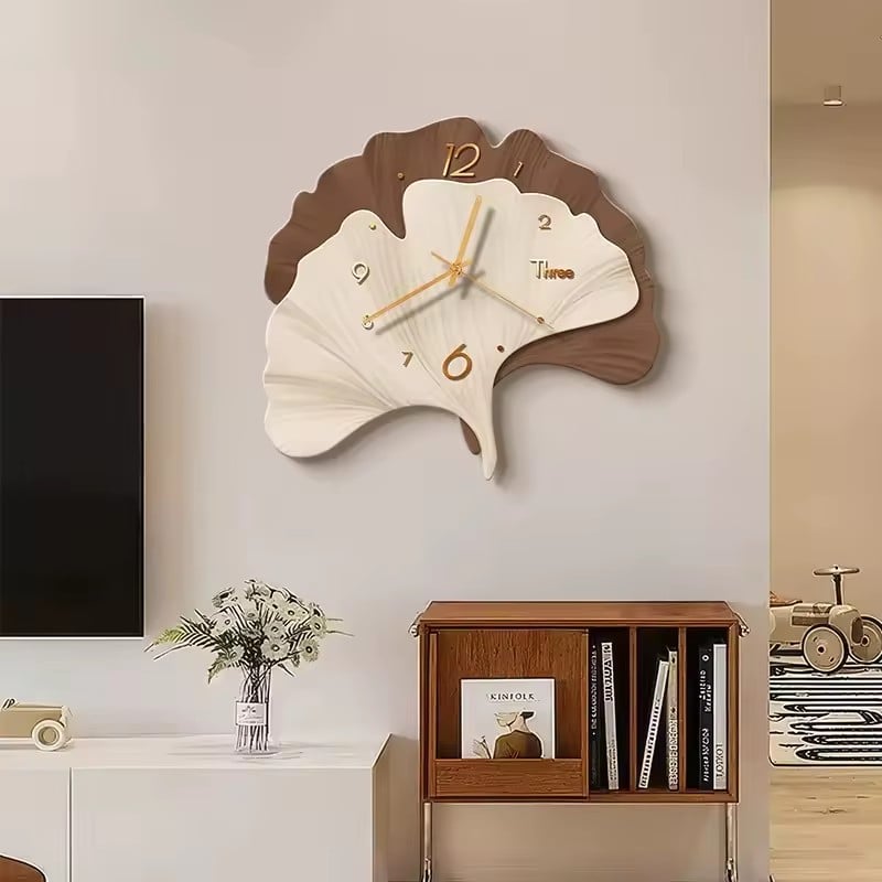 51003 - Elegant ginkgo leaf shaped wooden wall clock in natural two-tone wood - unique nature-inspired design | Boto Clock wholesale manufacturer